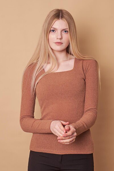 Jument Γυναικεία καμιζόλα τετράγωνη λαιμόκοψη μακρυμάνικη λύκρα λεπτή πλεκτή μπλούζα-καμέλα