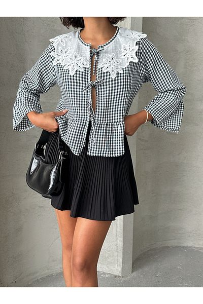 Miss Allos Bluză de damă cu cravată în față pentru bebeluși, cu guler din dantelă, cu model Gingham