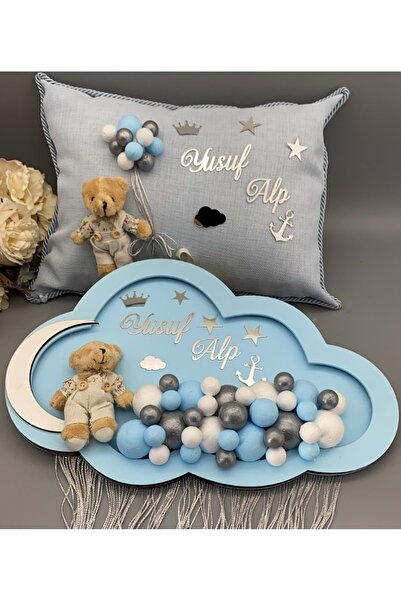 Organizasyon Pazarı Kişiye Özel İsim Yazılı Bulut Şekilli Mavi Renk Ahşap Kap...