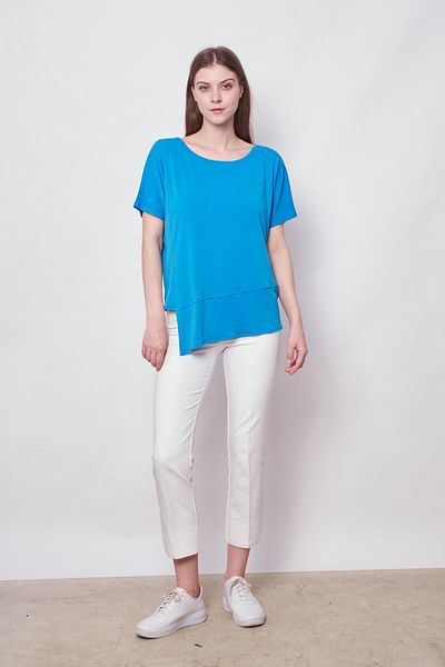 Jument Μπλε Boat Neck Lycra Crepe Μπλούζα - Off Shoulder, Asymmetrical Design