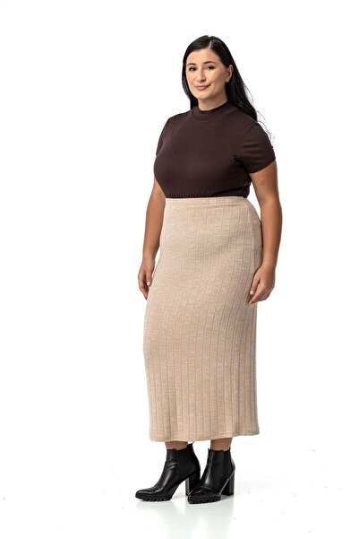 DISENTIS MODEST Large Size Elastic Waist Ribbed Knitwear Beige Skirt