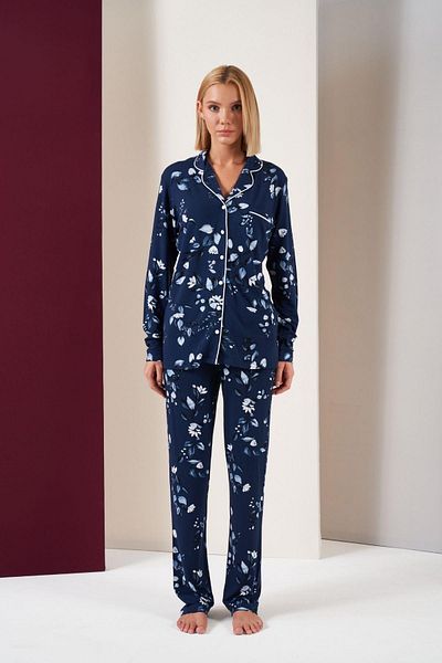 PJS Set de pijamale cu mânecă lungă, cu nasturi, cu imprimeu floral