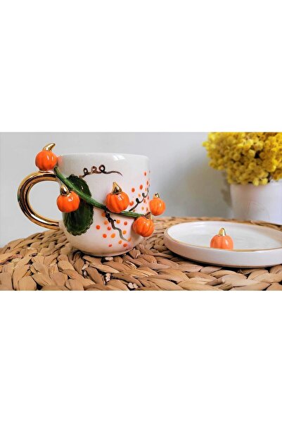 SeraSelin 24 Ayar Altın Işlemeli, Kabak Figürlü, %100 El Yapımı, Hediyelik Duble Türk Kahvesi Fincanı 160 Ml