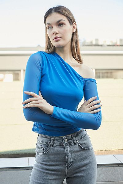 Jument Women's Tulle Shoulder Waist Drawstring Shoulder Low-cut Long Sleeve Lycra Chic Blouse-Blue