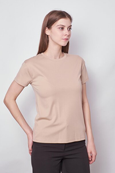 Jument Dark Beige Women's T-shirt Blouse - Null Collar, Non-Wrinkle Span, Stylish Short Sleeve, Lycra