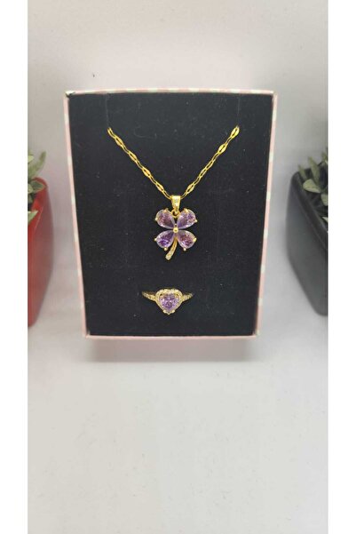 JUPİTER HOME Çelik Altın Mor Pandora,s Yonca Kolye, Kolye Ve Yüzük Seti Ciddi Ilişki Yüzüğü Set Kombin