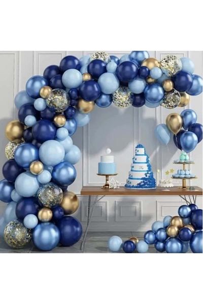 Organizasyon Pazarı Chrome Gold-Navy Blue-Pastel Blue Transparent 60-Piece Balloon Chain Set - 10grbalonpulu