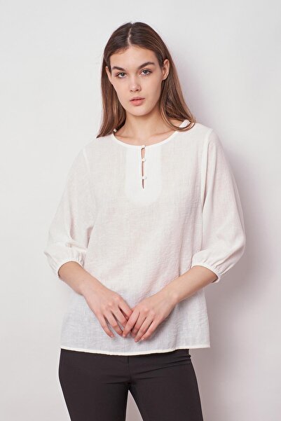 Jument Γυναικεία λινό φαρδιά μπλούζα με λαιμόκοψη με κουμπιά και ελαστικά μανίκια - κρέμα