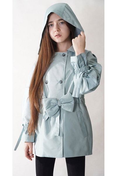 İrem Çocuk Giyim Girl's Button Closure Hooded Waist Bow Belt Pocket Lined Mint Green Raincoat