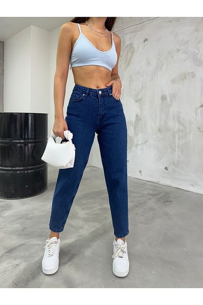 BİKELİFE Damen-Mom-Jeans mit hoher Taille, dehnbar/Lycra