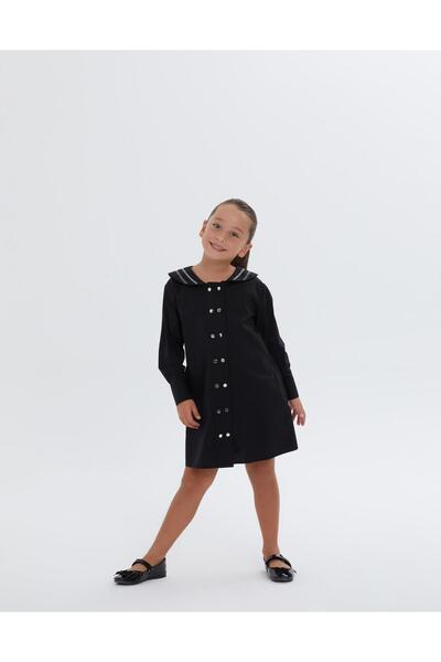Manimani Önlük Yaka Uzun Kullu Düğme Detaylı Kısa Kız Çocuk Elbise