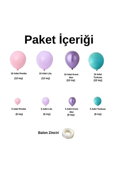 Organizasyon Pazarı Set of 60 Pink-Lilac-Turquoise-Chrome Purple Balloon Chains