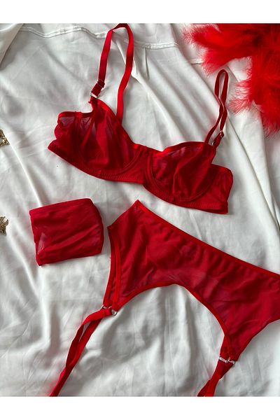 İNKO İÇ GİYİM Plain Tulle 3-Piece Set Bra Set with Garter