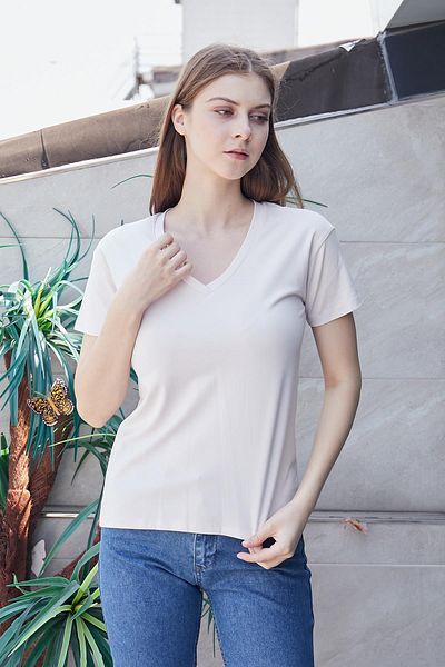 Jument Bluză tricou pentru femei Champagne - Decolteu în V, mânecă scurtă, țesătură Lycra Span