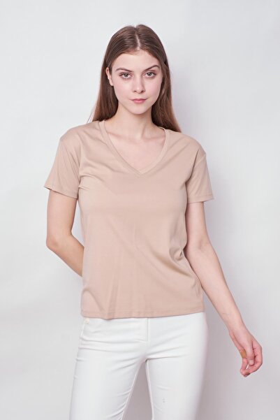 Jument Dark Beige Women's T-shirt Blouse - V-Neck, Short Sleeve, Lycra Span Fabric Stylish