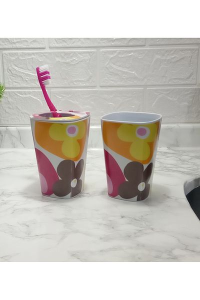 Bosphorus Toothbrush and Paste Bowl Double Bath Set, RED DAISY MELAMIN