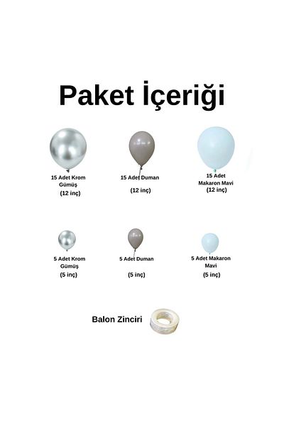 Organizasyon Pazarı Blue Chrome Silver-Smoke-Macaron Balloon Chain Set - 60 Pieces