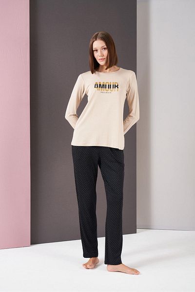 PJS Set de pijamale cu mânecă lungă cu buline Amour pentru damă