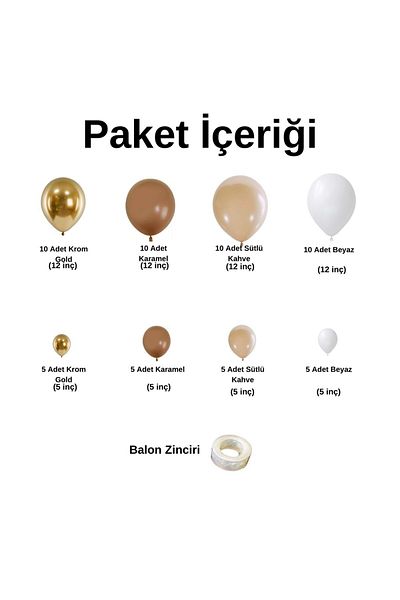 Organizasyon Pazarı 60 Pieces White and Pastel Balloon Chain Set - Caramel, Chrome Gold, Milk Coffee