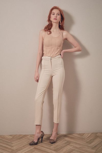 Fulla Moda Belted Carrot Fit Fabric Trousers