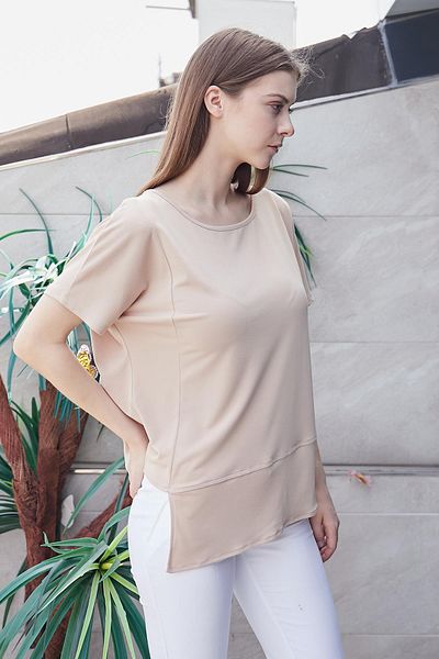 Jument Μπεζ Boat Neck Lycra Crepe Μπλούζα - Ασύμμετρο σχέδιο εκτός ώμου