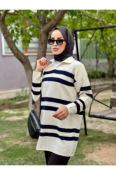 Nergis Neva Butik Γιακά Ριγέ Πλεκτό Μπλουζάκι