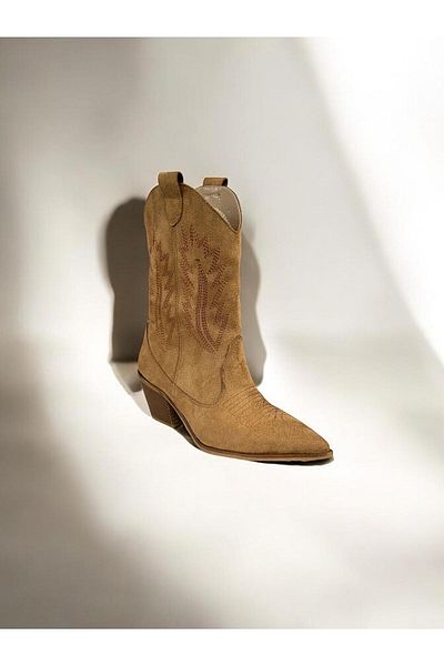 iskarpino Women's Pointed Toe Heeled Suede Tan Wool Inside Cowboy Model Boots&Bootie