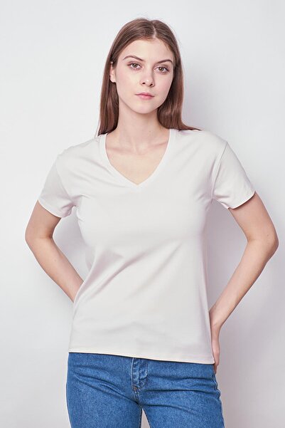 Jument Champagne Women's T-Shirt Blouse - V-Neck, Short Sleeve, Lycra Span Fabric
