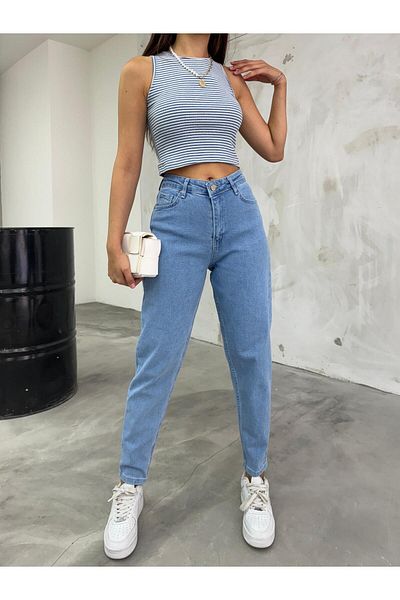 BİKELİFE Damen-Mom-Jeans mit hoher Taille, dehnbar/Lycra