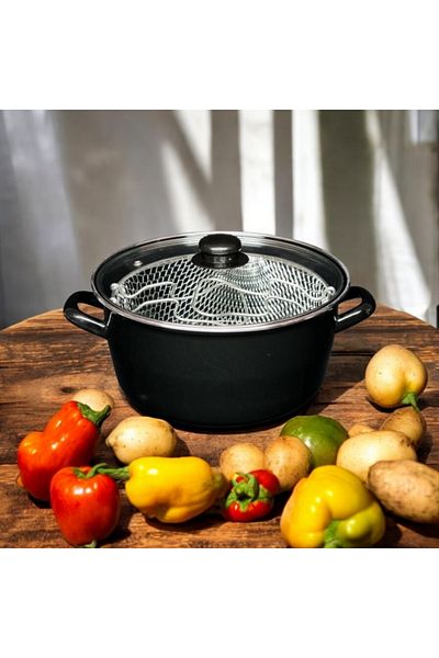 emaye market 5.5 Liter Frying Pot with Glass Lid - Sausage, Potato, Pumpkin, Eggplant, Chips 24cm Fryer Enamel Pot