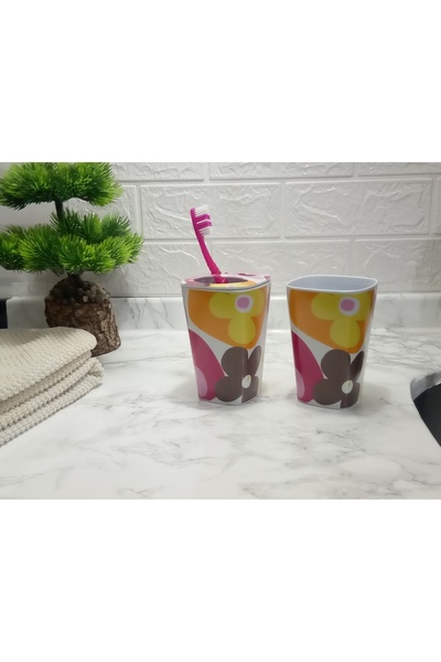 Bosphorus Toothbrush and Paste Bowl Double Bath Set, RED DAISY MELAMIN