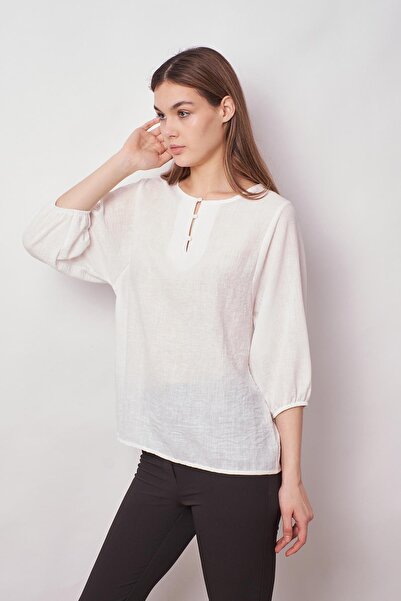 Jument Γυναικεία λινό φαρδιά μπλούζα με λαιμόκοψη με κουμπιά και ελαστικά μανίκια - κρέμα