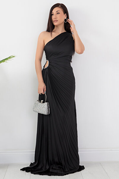 PULLIMM Tek Omuz Pliseli Abiye Elbise SB3734