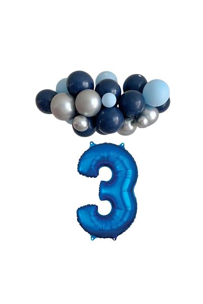 Organizasyon Pazarı 3 Year Old Birthday Set Midnight Blue-Chrome Silver-Light Blue 30 Pieces (Blue)