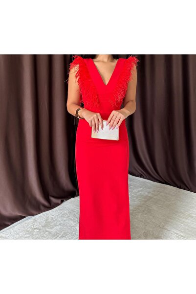 Afiş Butik Kırmızı V Yaka Otriş Detaylı Yırtmaçlı Elbise