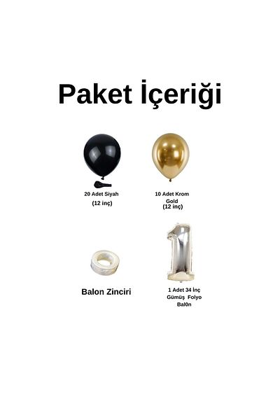 Organizasyon Pazarı 1 Year Old Birthday Set Black-Chrome Gold 30 Pieces (Silver)
