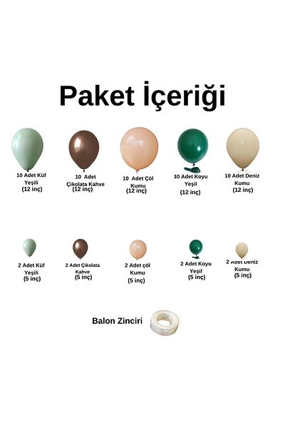Organizasyon Pazarı 60 Pieces Mold Green-Chocolate Coffee-Desert Sand-Dark Green Balloon Chain Set