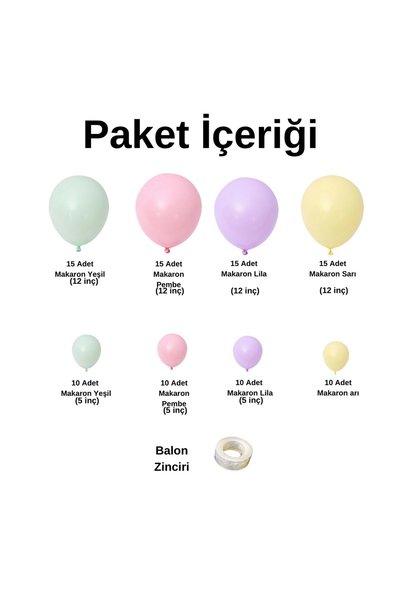 Organizasyon Pazarı Balloon Set Macaron Green-Pink-Lilac-Yellow 100 Piece Balloon Chain Set