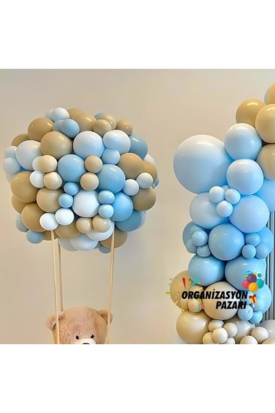 Organizasyon Pazarı Balon Seti Fırtına Mavi-Deniz Kumu-Makaron Mavi 100 lü Balon Zinciri Seti