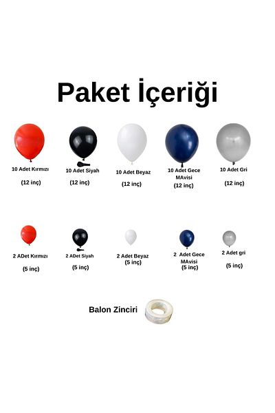Organizasyon Pazarı Set of 60 Red-Black-White-Night Blue-Grey Pastel Balloon Chains