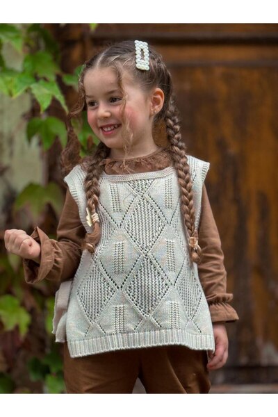 GÖKJOY BUTİK Premium Quality Knitwear Sueveter Detailed 3-Piece Girl's Set