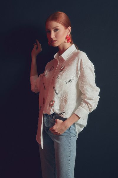 Fulla Moda قميص كتان فضفاض بأكمام طويلة مطرز