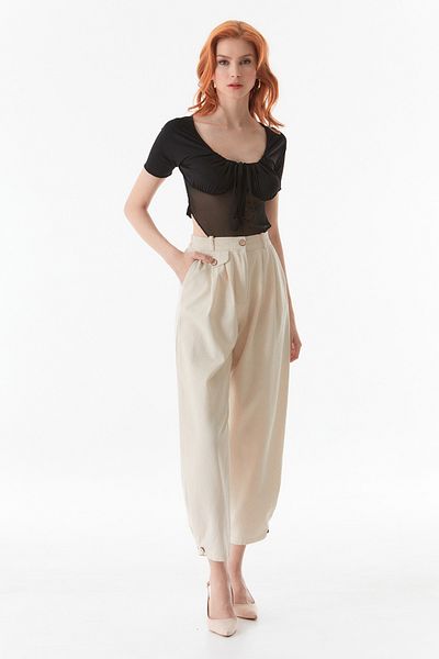 Fulla Moda High Waist Button Detailed Straight Linen Trousers