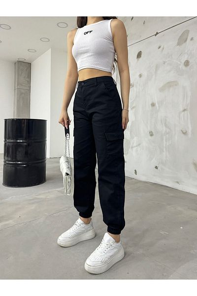 BİKELİFE Schwarze Hose aus Gabardine-Stoff mit Cargotaschen