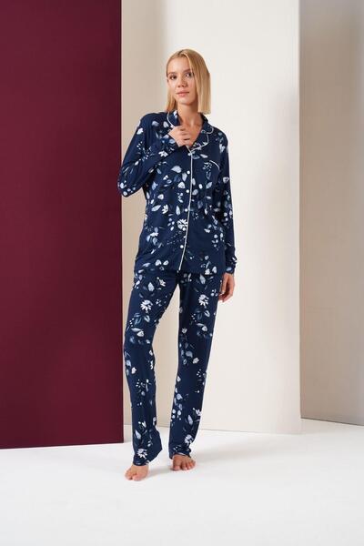 PJS Kadın Düğmeli Çiçek Desenli Biyeli Uzun Kol Pijama Takım