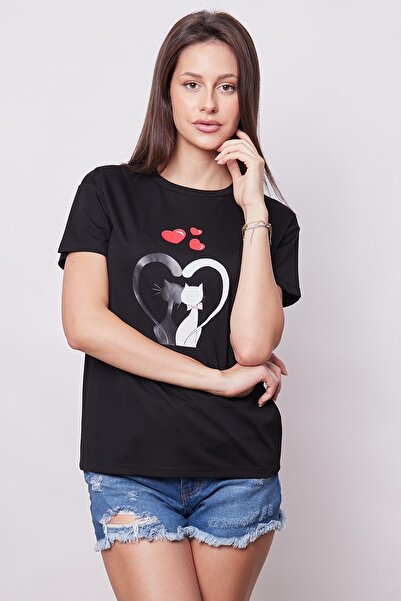 Jument Black Cat Heart Pattern - Non-Wrinkle Span Blended T-shirt Blouse, Stylish Short Sleeve