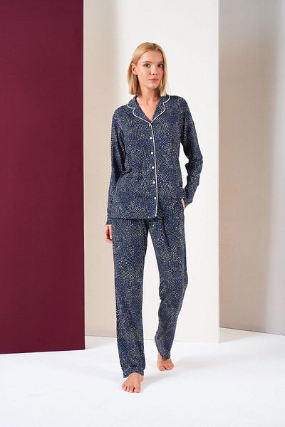 PJS Set de pijamale cu mânecă lungă, cu nasturi, cu buzunare inferioare