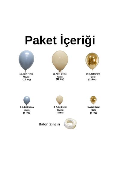 Organizasyon Pazarı 60 Pieces Storm Blue and Sea Sand Balloon Chain Set - Chrome Gold