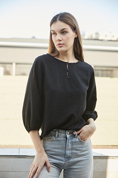 Jument Women's Linen Wide Zero Neck Collar Buttoned Arms Elastic Blouse -Black