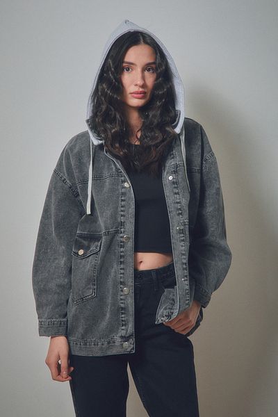 Fulla Moda Printed Hooded Oversize Denim Jacket